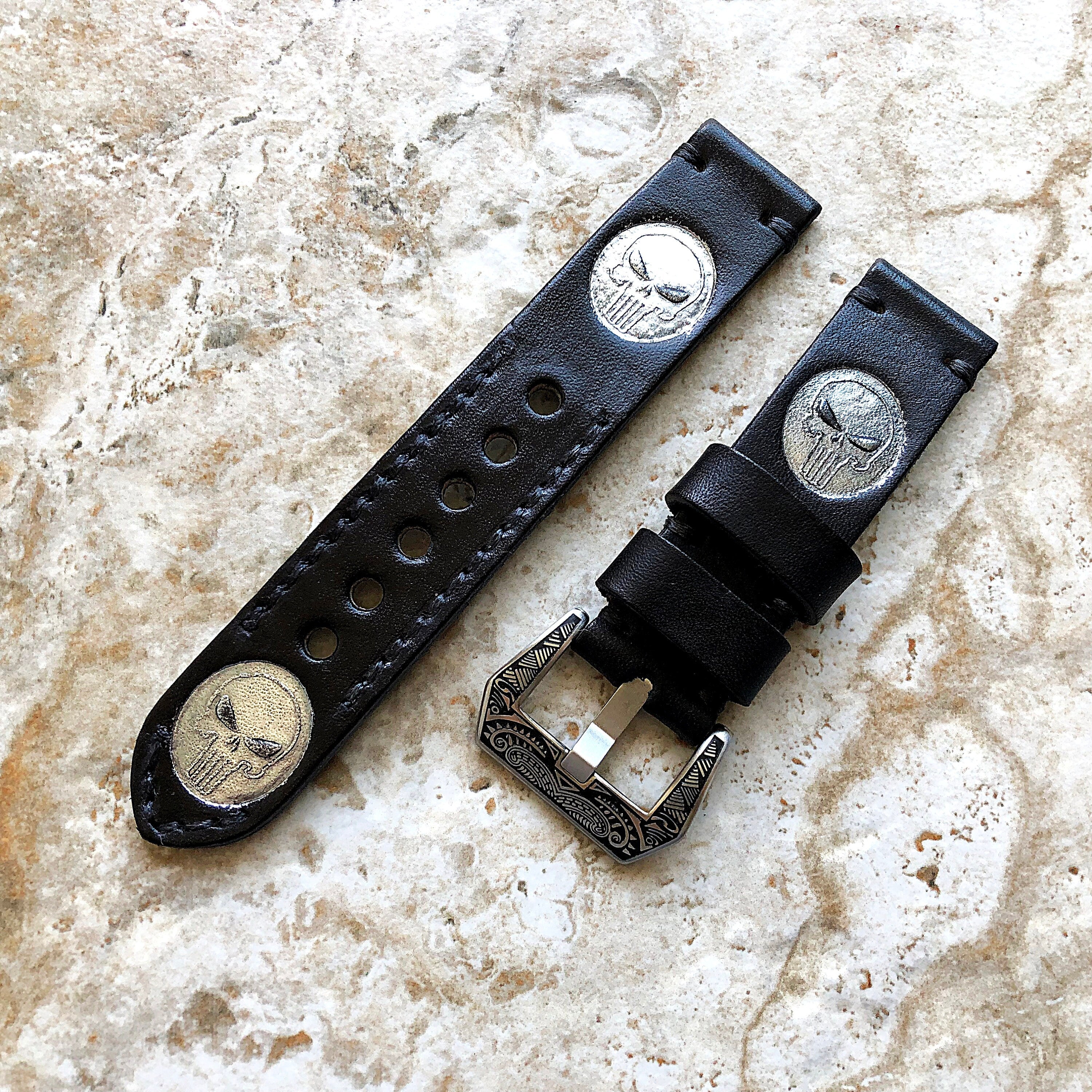 Sniper PUN Vintage Style Band 22mm 24mm 25mm Compatible with Apple Watch Fitbit Versa 2 3 4 Sense 2 Ionic Accented Embossed Strap Leather